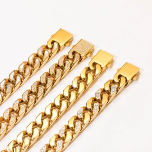 Close-up of gold chains with diamond inlays on white background, showcasing luxury and style.